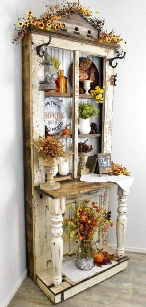 Industrial Art Studio Interiors, Chandelier Repurpose Projects, Diy Scrap Wood Ideas, Vintage Door Hall Tree, Diy Hall Tree With Storage Farmhouse, Old Door Upcycle, Repurposing Furniture Ideas, Add Storage To Small House, Upcycled Farmhouse Decor