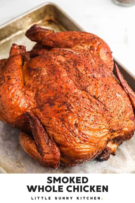 This home-style smoked whole chicken is flavorful, juicy, tender and slowly smoked till perfection! A great dinner to serve for the whole family. Smoked Chicken Recipes, Smoked Whole Chicken, Cheesy Chicken Broccoli, Broiled Chicken, Whole Chicken Recipes, Brine Recipe, Fried Chicken Breast, Clam Recipes, Smoker Recipes