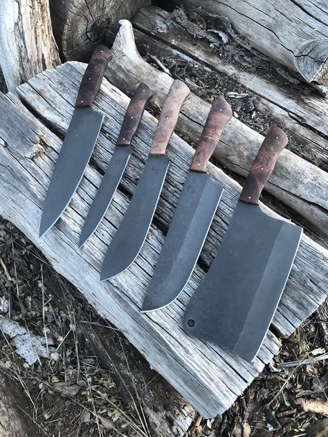 JB Custom Knives Butcher set, cleaver, chef knife, butcher knife, boning knife. Mesquite Burl handles and stonewashed finishes on CPM S35VN Knife Tricks, Butchers Knife, Butcher Knives, Tactical Pocket Knife, Fancy Kitchens, Engraved Pocket Knives, Knife Stand, Butterfly Knife, Buck Knives