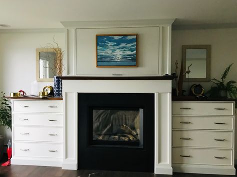 Fireplace Wardrobe Built Ins, Bedroom Fireplace With Built In Dressers, Built In Dresser With Fireplace In Bedroom, Fireplace With Dressers On Each Side, Fireplace Dresser Bedroom, Dresser With Fireplace Insert, Bedroom Fireplace With Storage, Fireplace Built Ins Bedroom, Dresser With Fireplace