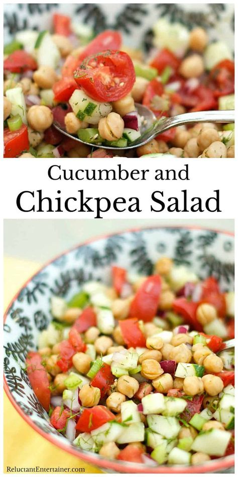 An easy healthy chickpea salad recipe, Cucumber and Chickpea Salad, served with Citrus, tossed with plump garbanzo beans in a lemon-lime vinaigrette. #chickepeasalad #garbanzosalad #chickpeas Sumner Salads, Chickpea Ideas, Garbanzo Recipes, Garbanzo Salad, Recipe Cucumber, Salad With Citrus, Chickpea Salad Recipes, Lime Vinaigrette, Cucumber Recipes Salad