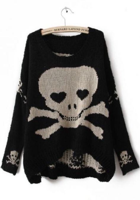 Weird Clothing, Skull Sweater, Skull Clothing, Black Jumper, A Skull, Swaggy Outfits, Pattern Sweater, Grunge Style, Loose Sweater