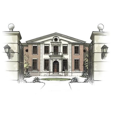 Neoclassical Architecture Drawing, Mansion Sketch, Gatsby Poster, Mansion Drawing, Gatsby House, Simple House Drawing, Neoclassical House, Houses Mansions, Big Mansions