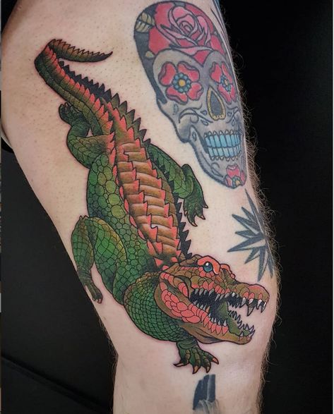 American Traditional Alligator, Traditional Style Alligator Tattoo, Traditional Tattoos Alligator, Traditional Alligator Tattoo Flash, Japanese Style Crocodile Tattoo, Neotraditional Crocodile Tattoo, Gator Tattoo, Trilobite Tattoo, Alligator Drawing