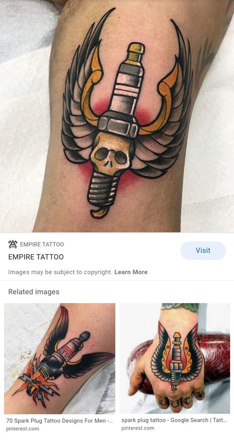 Harley Traditional Tattoo, Spark Plug Tattoo Traditional, Traditional Wrench Tattoo, American Traditional Wrench Tattoo, Traditional Biker Tattoo Old School, Old School Mechanic Tattoo, Greaser Tattoo Ideas, Old School Biker Tattoos, Working Class Tattoo Traditional