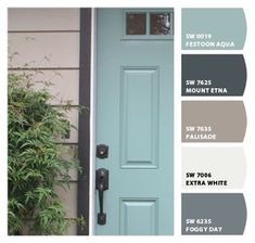 Back Door Colors Ideas, Gray House Garage Door Color, Accent Exterior Door Colors, House Painting Ideas Exterior Colors Farmhouse, Sw Mount Etna Exterior, Sw Festoon Aqua, Yellow House Color Scheme Exterior, Grey House Blue Shutters, 3 Color Exterior Paint Schemes