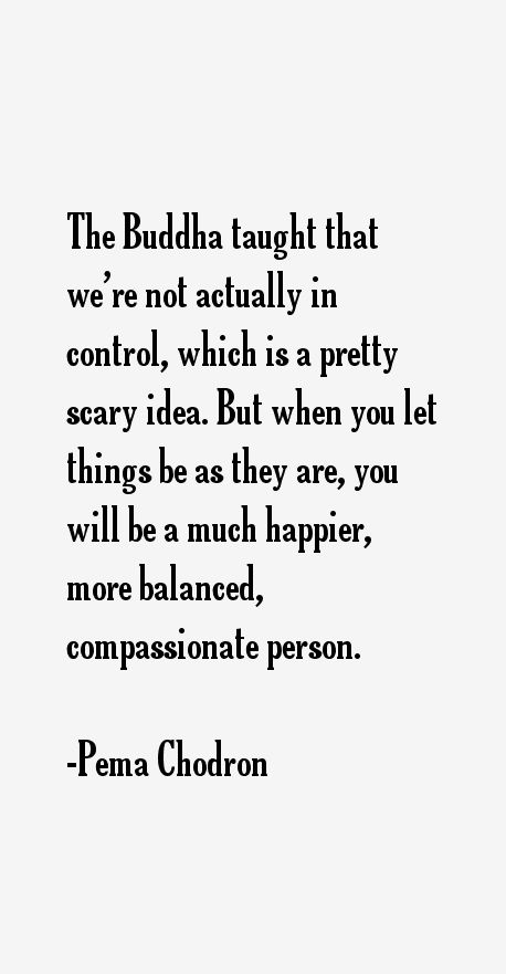 The Buddha taught that we're not actually in control, which is a pretty scary idea. But when you let things be as they are, you will be a much happier, more balanced, compassionate person. - Pema Chodron Quotes Pema Chodron Quotes, Spiritual Ideas, Buddhist Wisdom, Pema Chodron, Little Buddha, Buddhist Philosophy, Buddhism Quote, Buddhist Quotes, The Buddha