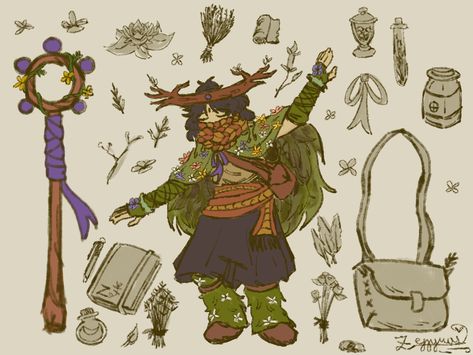 My new sona :3 #dndart #druid #hermit #characterdesigninspiration #aesthetic #cottagecore #hermitcore #renfaire #fantasyitems Druid Equipment, Dnd Cottagecore, Druid Outfit Design, Cottagecore Games, Druid Aesthetic Clothing, Cottagecore Character Design, Dnd Druid Outfit, Druid Oc, Wildfire Druid