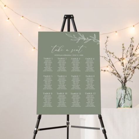 Minimal Sage Green Wedding 12 Table Seating Chart Summer Craft - wedding seating charts, wedding table plan, reception seating posters, find your seat, modern elegant, simple minimalist, botanical greenery, spring summer fall winter, 10 seats per table, boho chic rustic Fonts Simple, Seating Plan Template, Wedding Table Seating Plan, Minimalistic Wedding, Table Seating Chart, Wedding Table Seating, Dusty Blue Wedding, Dekor Diy, Seating Chart Template