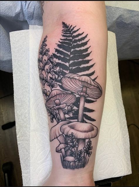 Mushroom Forest Tattoo Sleeve, Black And Grey Mushroom Tattoo, Realistic Mushroom Tattoo, Overlapping Tattoos, Mushrooms Tattoo, Forest Tattoo Sleeve, Mushroom Tattoo, Fern Tattoo, Tattoo Board