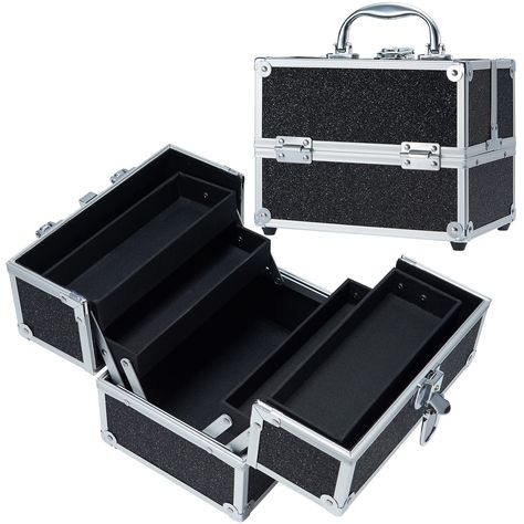 PRICES MAY VARY. Shiny Black Train Case: Grade-A aluminum and metal reinforced edges and corner has great performance in abrasion resistance and is characterized by their lightweight and durability. The waterproof shiny black surface makes this makeup case an excellent protector for outdoor cosmetics. When it captures light from different angles, it changes with the shade of color. Smart Size Makeup Organizer: The extendable cantilever 4-tiers tray structure. According to the different sizes of Makeup Box Organizer, Elegant Portable Black Cosmetic Bag, Black Travel Cosmetic Storage With Removable Pouch, Makeup Cases Professional, Makeup Travel Case Professional, Makeup Storage Case, Makeup Artist Makeup, Makeup Case Organization, Cosmetic Train Case