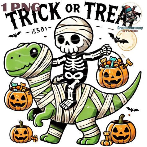 Cartoon Trick Or Treaters, Mummy Bandages, Skeleton Clipart, Halloween Dinosaur, Dinosaur Halloween, Skeleton Illustration, Cute Skeleton, Trick Or, Dinosaur Illustration