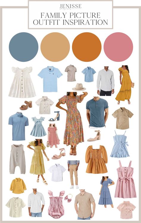 Summer Family Picture Outfits 2023, Blue Family Pictures Outfits Summer, Blue And Orange Family Pictures, Yellow And Pink Family Pictures, Pastel Family Pictures, Summer Family Picture Color Scheme, Summer Colors For Family Pictures, Family Picture Themes Color Schemes, Family Photo Colors Summer