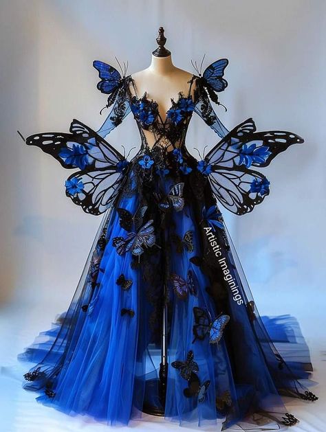 Butterfly Moodboard Fashion, Butterfly Dress Gowns, Fairy Roleplay, Butterfly Moodboard, Butterfly Ball Gown, Purple Butterfly Dress, Butterfly Gown, Blue Flower Dress, Prom Inspiration