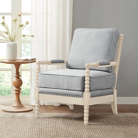 Madison Park Sunnee Accent Chair - Bed Bath & Beyond - 27554342 Coastal Chairs, Farmhouse Blue, Spindle Design, Brown Armchair, Blue Accent, Accent Arm Chairs, Cottage Farmhouse, Turned Wood, Farmhouse Cottage