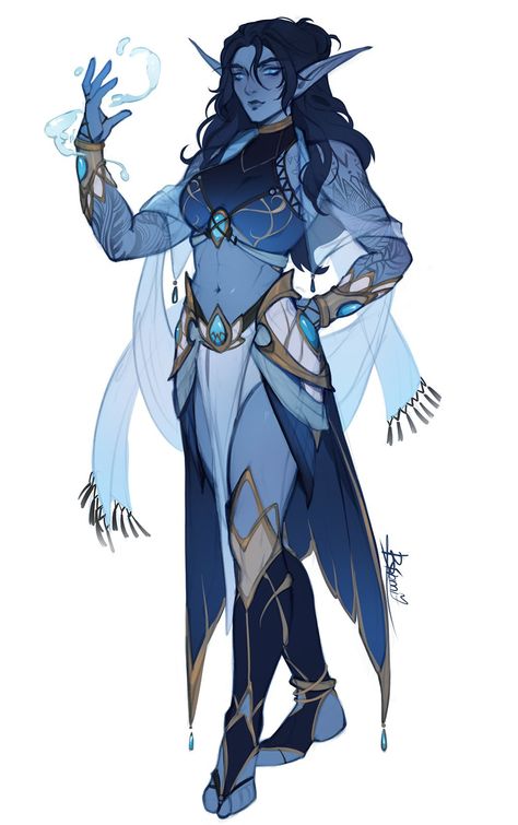 Merfolk Outfit, Elf Pose Reference, Merfolk Oc, Summer Eladrin Female, Elf Wizard Female Dnd, Wizard Dnd Character Design, Water Genasi Female, Eladrin Dnd, Mythical Outfits