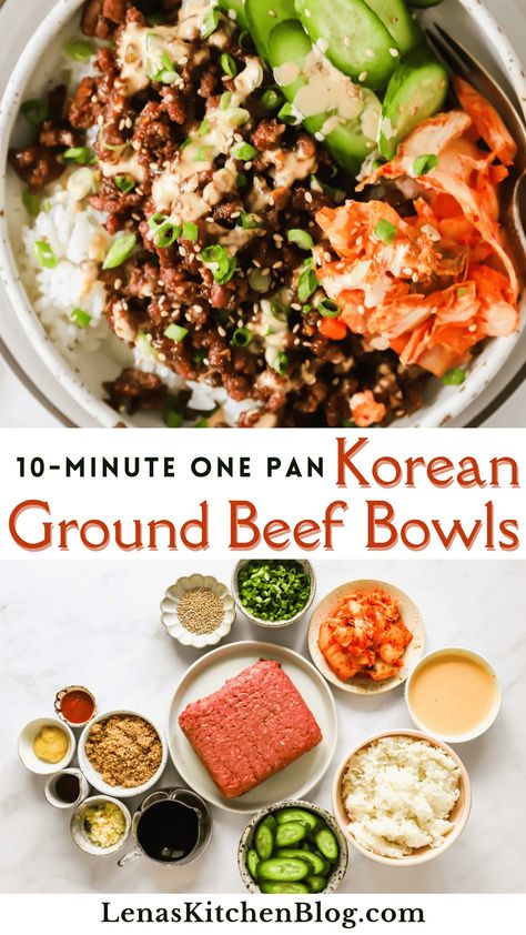 Try Korean Ground Beef Bowls for a satisfying meal that hits all the right flavor notes! Sweet and savory ground beef is served over a bed of fluffy rice and topped with spicy mayo, crisp cucumbers, and tangy kimchi. Plus, this simple weeknight dinner is ready in under 15 minutes! Korean Ground Pork Bowl, Korean Ground Chicken Bowl, Korean Ground Beef Bowl, Ground Beef Korean Bowl, Damn Delicious Korean Beef Bowl, Dinner With Kimchi, Korean Ground Turkey And Rice Bowls, Kimchi Rice Bowl, Ground Beef Bulgogi Bowl