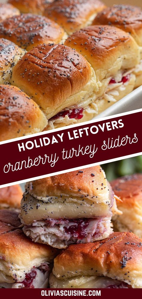 Wondering what to do with all of your Holiday leftovers? These delicious Turkey Cranberry Sliders are not only easy to make but can also be made ahead! Loaded with turkey, cheese and cranberry sauce, all nestled in soft and sweet Hawaiian rolls which are then brushed with poppy seed butter. A great way to feed a hungry crowd! Leftover Turkey Cranberry Sliders, Turkey Thanksgiving Sliders, Cranberry Turkey Sliders On Hawaiian Rolls, Thanksgiving Sliders With Stuffing, Turkey And Stuffing Sliders, Cajun Turkey Sliders, Turkey Stuffing Sliders, Thanksgiving Turkey Sandwiches, Smoked Turkey Sliders