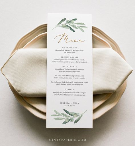 Wedding Menu Card Template Watercolor Olive Greenery & Gold | Etsy Olive Branch Wedding, Bridal Shower Menu, Diy Menu, Menu Card Template, Wedding Dinner Menu, Menu Printable, Printable Menu, Wedding Menu Template, Wedding Menu Cards