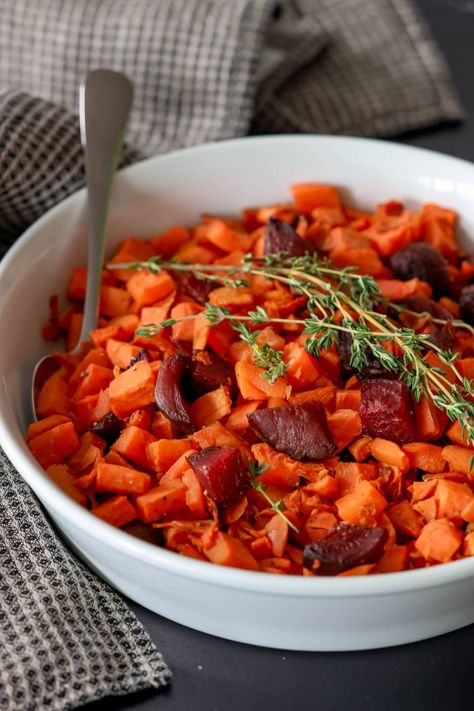 Easy Roasted Beets and Sweets - side dishes #sidedishes Roasted Beets And Sweet Potatoes, Beets And Sweet Potatoes, Slow Cooker Baked Beans, Raw Sweet Potato, Oven Roasted Turkey, Whole Roasted Chicken, Roast Turkey Breast, Thanksgiving Recipes Side Dishes, Glazed Carrots