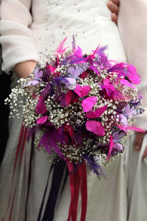 my Gypsophila/babys breath bouquet, i made with crystals, feathers and butterflies, handtied with pink and purple satin trailing ribbons and a crystal butterfly brooch. This bouquet now sits in a jug on my bedroom chest of drawers, makes me smile every day! :D Organic Wedding Decor, Butterfly Wedding Theme, Butterfly Centerpieces, Butterfly Bouquet, Prom Bouquet, Purple And Gold Wedding, Bride Flower, Purple Wedding Theme, Bedroom Chest Of Drawers