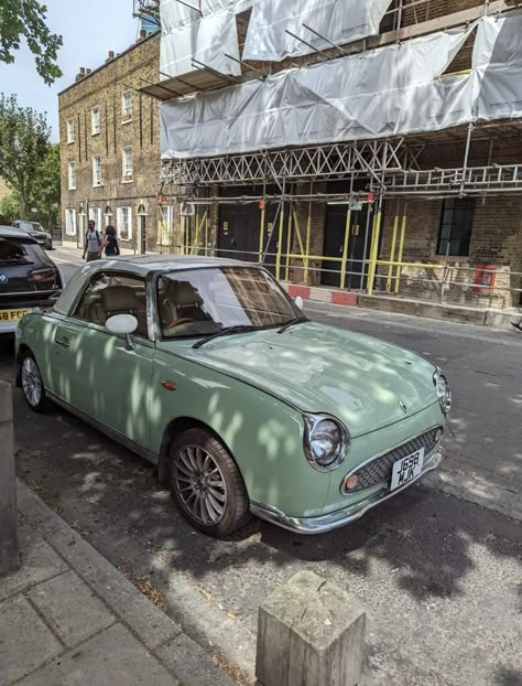 Nissan Figaro, Figaro London, Mint Figaro, London car, London, London aesthetic Old Fashioned Cars Vintage, Figaro Car Nissan, Small Cars Aesthetic, Nissan Figaro Aesthetic, Small Car Aesthetic, Green Car Aesthetic, Old Fashion Cars, Sage Green Car, Mint Green Car