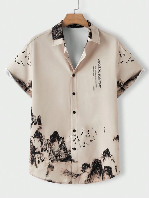 Men's Loose Fit Button Down Mountain And Water Scenery Slogan Print Short Sleeve Shirt Ideal For Daily Wear , Slim Up Collar Graphic Colorful Khaki Going Out Fashion Multicolor Casual  Short Sleeve Woven Fabric Slogan,Landscape Print Shirt Non-Stretch  Men Clothing, size features are:Bust: ,Length: ,Sleeve Length: Mens Button Down, Shirts For Men Designer Casual, Modern Shirt Design, Water Scenery, Cool Outfits For Men, Collar Tshirt, Denim Jacket Men, Elegant Shirt, Denim Details