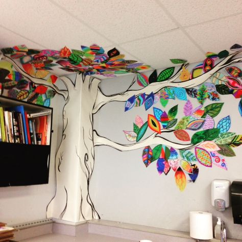 Student Mural Ideas, Art Room Decor Classroom Ideas, Elementary School Arts And Crafts, School Tree Ideas, Things To Do With Patterned Paper, Classroom Murals Middle School, Collaborative School Mural, Elementary Collaborative Art, Community Art Mural