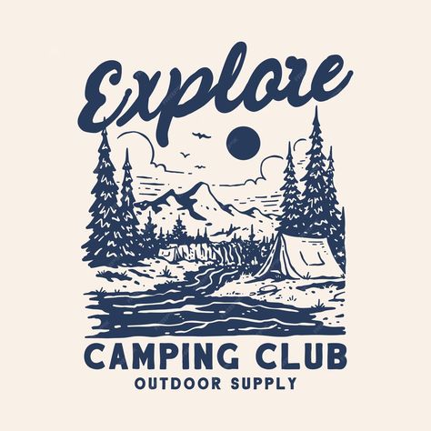 Premium Vector | Camping club illustration Vintage Camp Illustration, Camp Graphic Tee, Outdoorsy Tshirt Design, Retro Camping Illustration, Camping Graphic Tee, Camping Design Ideas, Camping Tshirt Design, Camping Design Graphics, Winter Graphic Tees