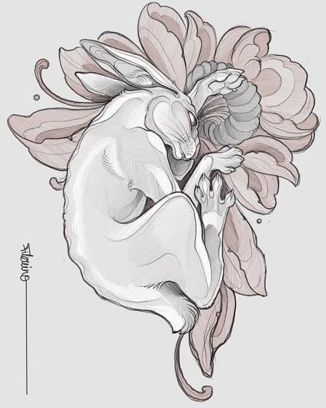 Rabbit Back Tattoo, Art Nouveau Rabbit, Sketches Rabbit, Tattoos Rabbit, Bunnies Tattoo, Rabbit Illustration Design, Rabbit Tattoo Design, Hare Tattoo, White Rabbit Art