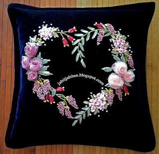 Velvet cushion cover using satin and organza ribbons. Sulaman Pita, Ribbon Embroidery Kit, Thread Needle, Ribbon Embroidery Tutorial, Cushion Cover Designs, Hand Embroidery Patterns Flowers, Pola Sulam, Ribbon Art, Handwork Embroidery Design