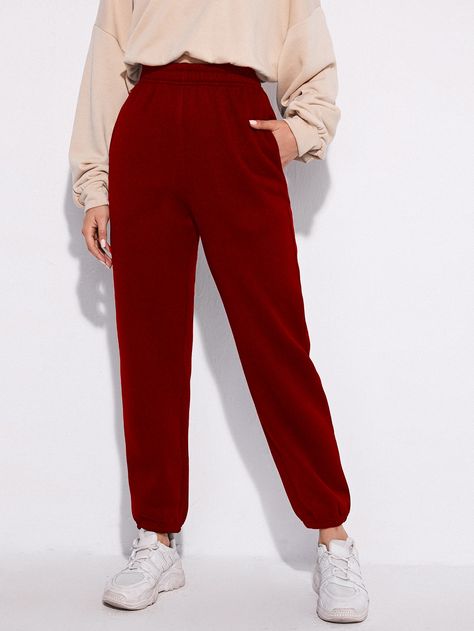 Burgundy    Cotton Blends Plain   Slight Stretch All Women Bottoms Maroon Sweatpants Outfit, Burgundy Sweatpants Outfit, Red Sweatpants Outfit, Sweatpants Outfit Aesthetic, Burgundy Sweatpants, Sweatpants Outfit Ideas, Women Sweatpants, Red Sweatpants, University Outfit