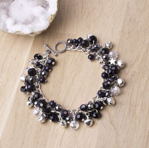 Beaded Charm bracelet - Star and jingle bells black beaded charm bracelet | Gemstone charms | Monochrome jewelry | Statement jewellery by inspira on Etsy - http://etsy.me/2nfjr8z Bracelet Star, Handmade Charm Bracelets, Beaded Charm Bracelet, Large Bracelet, Stone Wrapping, Statement Jewellery, Star Spangled, Bracelet Gemstone, Jewelry Statement