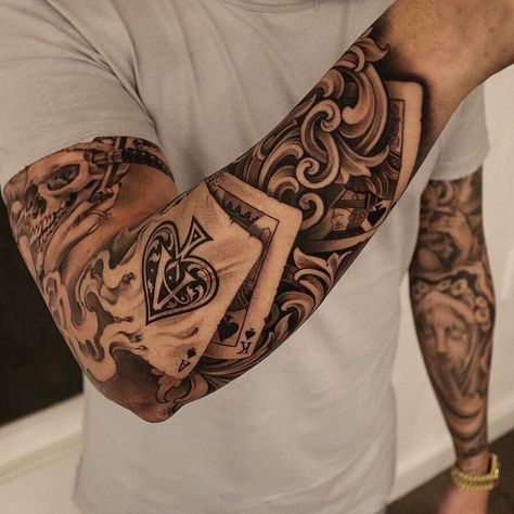 Poker Tattoo, Playing Card Tattoos, Mangas Tattoo, Tattoo Sleeve Filler, Tattoo Filler, Girls With Sleeve Tattoos, Forarm Tattoos, Forearm Sleeve Tattoos, Tattoos Geometric