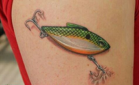 Fishing lure tattoo Fishing Boat Tattoo, Lure Tattoo, Fishing Lure Tattoo, Hook Tattoo, Fishing Hook Tattoo, Tattoos For Mom, Hook Tattoos, Boat Tattoo, Pictures Of Tattoos