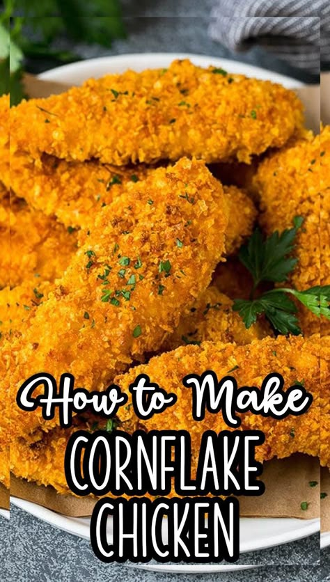 Healthy Cornflake Chicken, Cornflake Coated Chicken, Cornflake Ranch Chicken, Baked Chicken Corn Flakes Recipes, Baked Cornflake Chicken Tenders, Crispy Chicken Breading, Cornflake Fried Chicken, Corn Flake Crusted Chicken, Corn Flake Chicken Baked