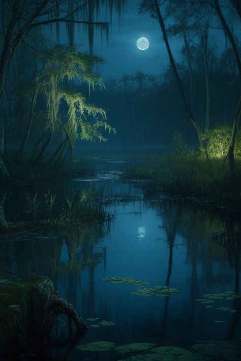 Moonlight Landscape Painting, Swamp Landscape Art, Swamp Mansion, Bayou Wallpaper, Swamp Drawing, Swamp At Night, Swamp Background, Swamp Photography, Swamp Paintings