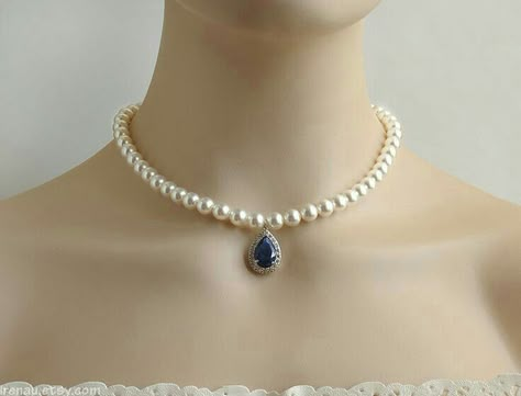 Wedding Pearl Jewelry, Jewelry Sapphire, Blue Sapphire Necklace, Bridal Pearl Necklace, Pearl Necklace Wedding, Pearl Necklace Designs, Diamond Cross Necklaces, Pearl Jewelry Wedding, Necklace Bridal