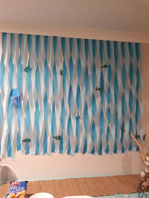 Ocean backdrop with crepe paper for under the sea themed party Diy Sky Backdrop, Nautical Themed Party Backdrop, Under The Sea Backdrop, Ocean Castle, Tissue Paper Pom Poms Diy, Crepe Paper Backdrop, Blue Table Decorations, Sea Backdrop, Under The Sea Themed Party