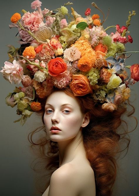 ♔ Tetyana Erhart Digital Art - Artiste Ukraine Hair And Flowers Photography, Flowers In Hair Photoshoot, Woman With A Head Of Roses, Flowers In Hair Portrait, Wow Painting, Floral Headpiece Photoshoot, Flower Hair Editorial, Fairytale Food, Rosé Portrait