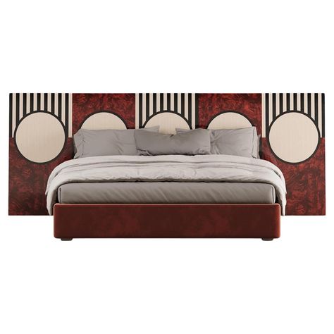 Elevate your bedroom with the Dijon Bed, a contemporary masterpiece. Inspired by Art Deco and Mid-century vibes, its marquetry headboard features geometric spheres and stripes. Crafted with meticulous detail, this bed combines functionality with artistic elegance, ideal for elevating any master bedroom interior design project. Dijon Bed is perfect for experiencing grace every night in a modern bedroom setting that blends sophistication with creative expression. Dijon Bed promises to enrich any s Bed Design Sketch, Laminate Bed Design, Modern King Bed, Modern Queen Bed, Wood Marquetry, King Bed Headboard, Art Deco Bed, Unique Furniture Design, Mid Century Modern Wood