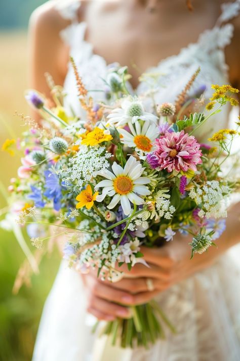 Simple Garden Centerpieces, Daisy And Wildflower Bouquet, Diy Wedding Bouquet Wildflowers, Meadow Bouquet Wedding, June Wildflower Bouquet, May Flowers Wedding, Mini Wildflower Bouquet, Wedding Daisy Bouquets, Yellow Wildflower Wedding