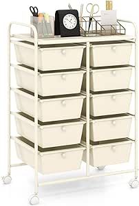 HAPPYGRILL 10-Drawer Rolling Storage Cart, Storage Organizer Cart with Lockable Wheels, Beauty Salon Movable Utility Cart for School, Office, Home, (Ivory) Rolling Cart With Drawers, Drawer Cart, Rolling Utility Cart, Organization Cart, Craft Cart, Craft Storage Organization, Art Supplies Storage, Rolling Storage Cart, Wood Hanger