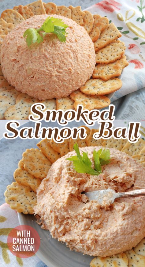 Smoked Salmon Ball! A retro appetizer recipe with canned salmon, cream cheese and smoky flavor made into a cheese ball perfect to spread on crackers. Smoked Salmon Balls Recipes, Salmon And Cream Cheese Appetizers, Shrimp Ball Cream Cheese, Smoked Salmon Cheese Ball, Canned Smoked Salmon Recipes, Salmon Balls Recipes, Retro Appetizers, Salmon Ball, Salmon Balls