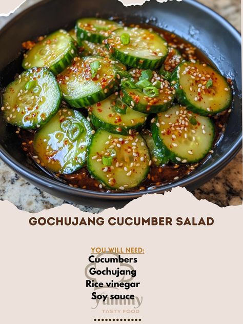 🥒 Refresh with Gochujang Cucumber Salad—spicy, tangy, and absolutely refreshing. Perfect for a quick, flavorful side! 🌶️🥗 #GochujangSalad #KoreanSides Gochujang Cucumber Salad Ingredients: Cucumbers (2, sliced) Gochujang (2 tbsp) Rice vinegar (2 tbsp) Soy sauce (1 tbsp) Honey (1 tbsp) Sesame oil (1 tbsp) Garlic (2 cloves, minced) Sesame seeds (for garnish) Instructions: Mix gochujang, rice vinegar, soy sauce, honey, sesame oil, and garlic in a bowl. Toss cucumbers in the sauce mixture. Ga... Gochujang Cucumber, Gochujang Rice, Gochujang Recipe, Honey Sesame, The Sauce, Cucumber Salad, Sesame Oil, Salad Ingredients, Rice Vinegar