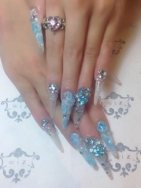 Blue Gyaru, Black Gyaru, Gyaru Nails, Aesthetic Nails, Really Cute Nails, Nail Swag, Bling Acrylic Nails, Kawaii Nails, Luxury Nails