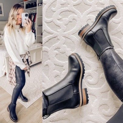 Cute Chelsea Boot Outfits, Black Boots Leggings Outfit, Leather Leggings Chelsea Boots Outfit, Target Chelsea Boots Outfit, Chelsea Boots Leggings Outfit, Lug Boots Outfit Fall, Black Faux Leather Leggings Outfit, Faux Leather Leggings Outfit Fall, Boot Leggings Outfit