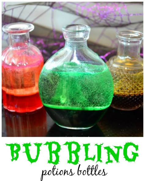 Create bubbling potion bottles for a fun experiment for the kids this Halloween. Potion Liquid Diy, Potion Bottle Centerpieces, Halloween Potion Experiment, Diy Potion Bottles Halloween Liquid, Diy Potion Recipes, Potion Mixing For Kids, Shimmer Potion Diy, Color Changing Potion Diy, Potion Bottle Crafts