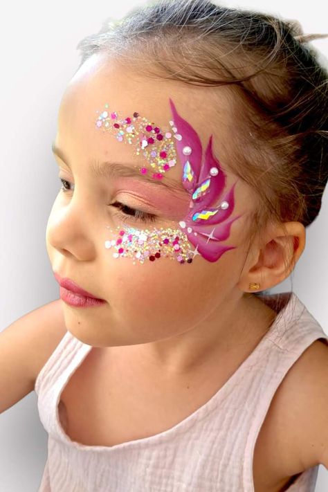 Learning Face Painting, Flamingo Face Makeup, Kid Fairy Makeup, Fairy Face Paint Easy For Kids, Unicorn Facepainting Kids Easy, Angel Face Painting, Bluey Face Painting Ideas For Kids, Fairy Face Paint Easy, Floral Face Painting