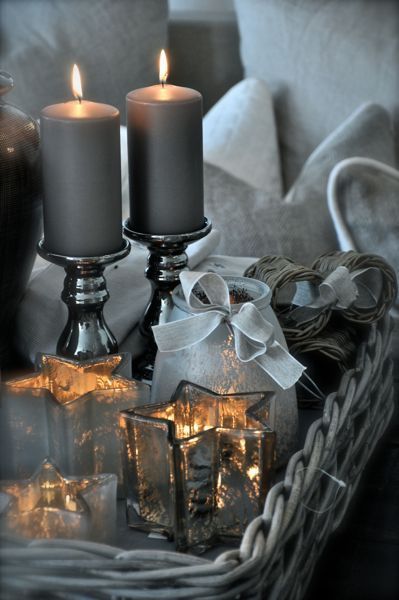 Photo Grey Candles, Vibeke Design, French Country Living, White Pillar Candles, Winter Cottage, Grey Christmas, Stone Cottage, French Country House, Candle Lanterns